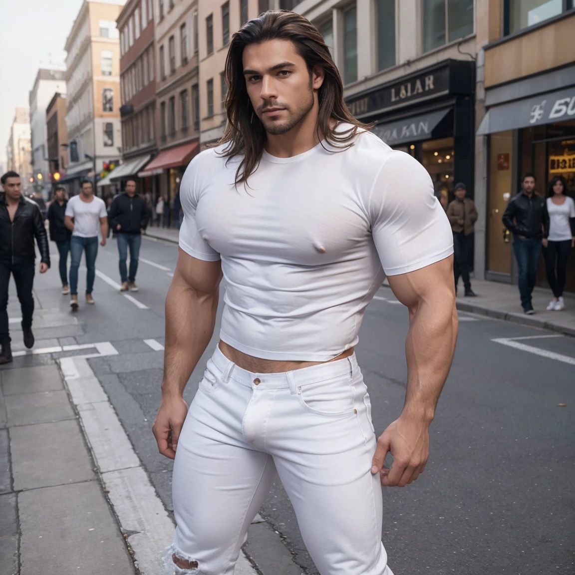 Full body picture of a handsome, cute, sexy and muscular hunk standing in a crowdy street. He is dressed in a white t-shirt and a leather jacket over his broad muscular chest. His narrow waist is visible and naked. He has very tight, low-cut white jeans showing his white transparent underwear with an huge bulge in the center indicated his big erected dick. With high boots. He is very sensual, homoerotic, masculine and hot. Brown, semi-long unruly hair flowing in the wind. Big brown eyes and a generous mouth. In the street there is some beautiful and sexy women looking at him wit longing for sex in their eyes.