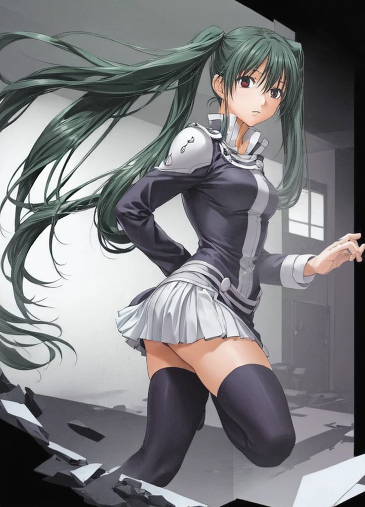 Lenalee, with her long, beautiful legs and twin tails, is standing in the library wearing a miniskirt uniform and black knee socks.。