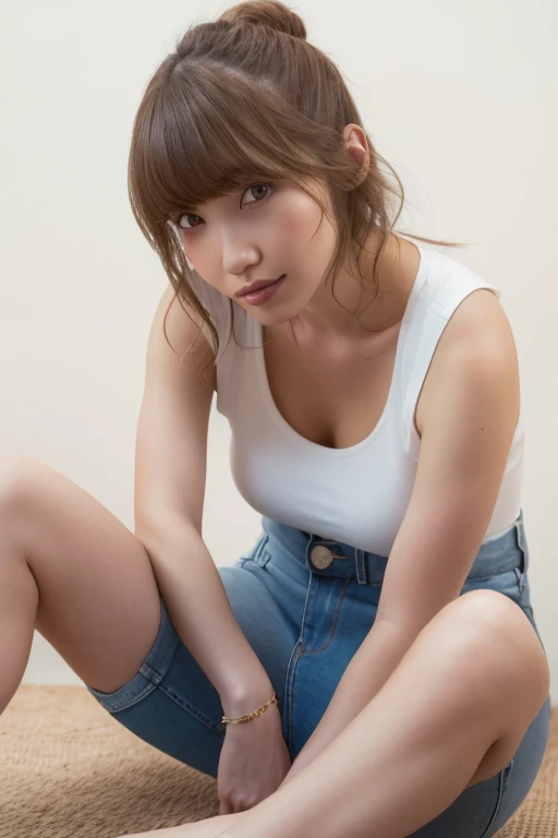 One girl, Beautiful woman,Tank top,Tight Denim Shorts, skinny, Perfect body,  Flaxen Hair, Bedroom with white walls,  Highly detailed face, Beautiful Eyes, Beautiful Lips, double eyelid, A shy smile, Shorn bangs, Sunburned skin, Pubic Hair Tips, (Highest quality, 8k, masterpiece:1.3), front and full body shot, Cameltoe, Positive, Spread your legs wide