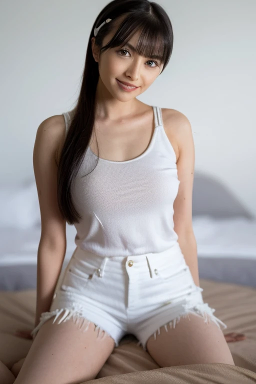 One girl, Beautiful woman,Tank top,Tight Denim Shorts, skinny, Perfect body,  Flaxen Hair, Bedroom with white walls,  Highly detailed face, Beautiful Eyes, Beautiful Lips, double eyelid, A shy smile, Shorn bangs, Sunburned skin, Pubic Hair Tips, (Highest quality, 8k, masterpiece:1.3), front and full body shot, Cameltoe, Positive, Spread your legs wide