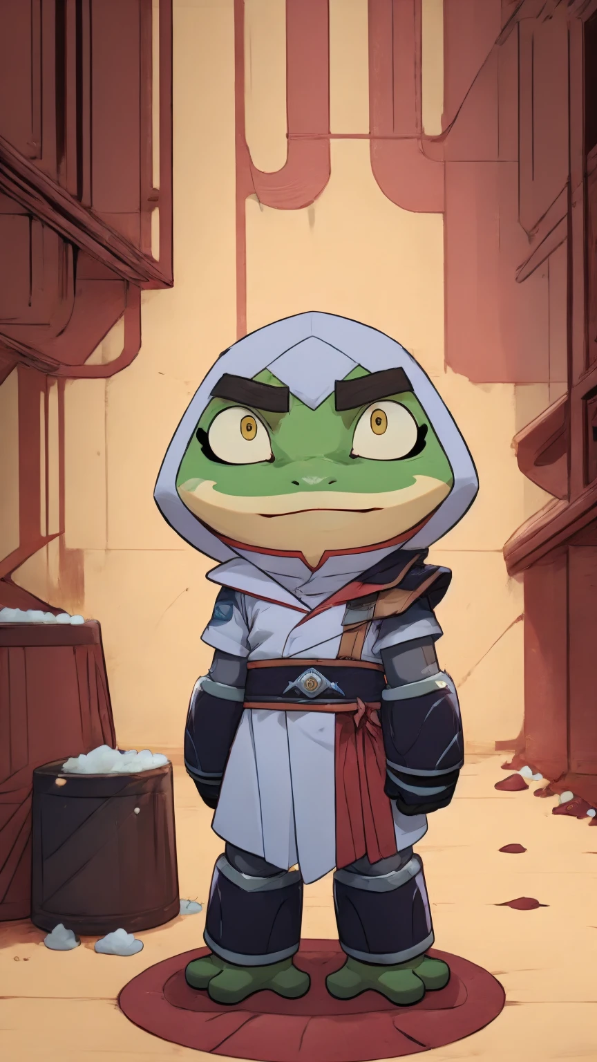 A small anthropomorphic frog warrior with green skin, short charcater, cute chibi, large expressive eyes, and thick black eyebrows, wearing a hooded light blue tunic with dark blue and red accents, and oversized armored gloves and boots. The character has a determined expression, sometimes showing surprise or happiness, and is often seen in action poses. The setting is usually a futuristic or urban environment with dim lighting, featuring the character standing or interacting with others, conveying a mix of bravery and curiosity. The art style is 2D, animated, with smooth shading and a slight cartoonish appearance. BREAK. (((character_bullfrog 1.6))),