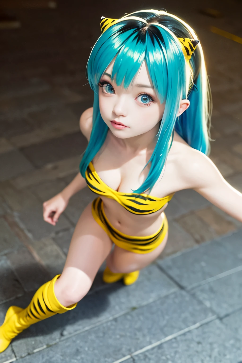 (Highest quality、masterpiece:1.2)、(Real、写真のようにReal:1.4)、RAW Photos、High resolution、Exquisite detail、Very detailed、Cinematic lighting、solo、One girl、woman、ウルセイヤツラRam、Ram、(Long Hair、Green Hair、Light blue hair、bangs:1.2)、(blue eyes)、eye shadow、Pointed Ears、Demon Horns、(Moderate bust:1.2)、 Cleavage、Swimwear、strapless bikini、(Tiger pattern、Yellow Bikini、Yellow Boots、Knee-high boots:1.3)、(Beautifully detailed eyes、Very detailed顔)、(Perfect hands、Perfect Anatomy)