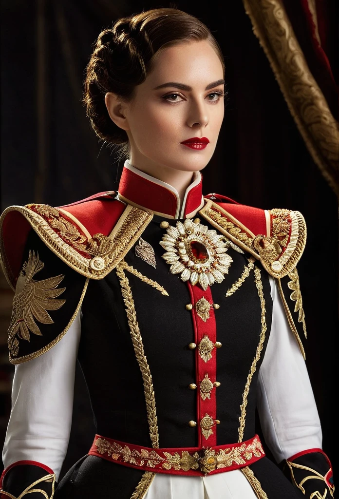 ornate military-style uniform, gold and red accents, starched white collar, elaborate embroidery, epaulets, large brooch, gloved hands, intricate shoulder decorations, dark background, ambient lighting, detailed indoor setting, gothic atmosphere, rich, textured materials, stern, commanding pose with hand on hip, side glance, historical fantasy setting, dramatic lighting, shadows highlighting textures, dark warm color tones, high-angle shot, close-up framing, no visible motion blur, defined depth of field, digitally enhanced artwork,analog style, film grain, close up, 35mm,ultra high res, best shadow, RAW, instagram LUT