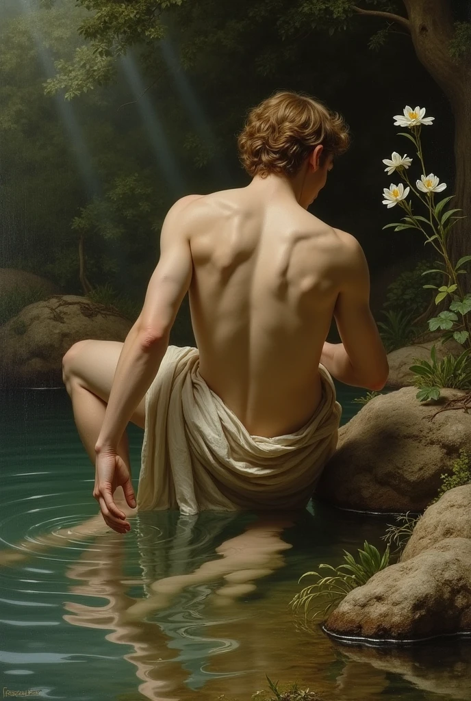 back view, oil painting, oil on canvas, Raphaelite male in an overgrown garden, alone at last, standing ((Two naked princes )), Penis, men, chest, abs, slim waist, pale white skin, ((rose bush, pond)), silk, by John William Waterhouse, oil on canvas, pre-Raphaelite movement, oil on canvas, brush texture, canvas texture, oil painting