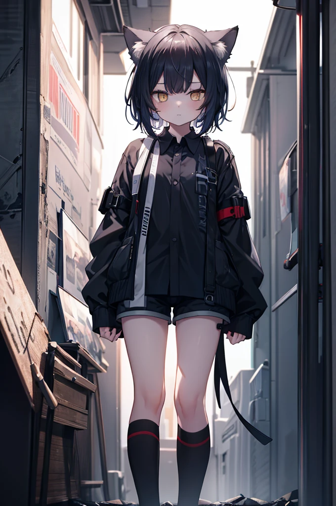 A boy with black hair and cat ears, Yellow Eyes, Straight hair, short hair, Shoulder-length hair, Wear a collared shirt, Shorts, Black Stockings, (Highest quality,4K,8k,High resolution,masterpiece:1.2),Very detailed,Solo Boy,Dramatic lighting,Gloomy atmosphere,Very detailed顔の特徴,Complex clothing texture,Structure of the film,A calming color palette