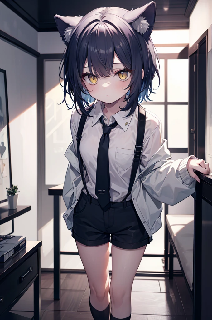 A boy with black hair and cat ears, Yellow Eyes, Straight hair, short hair, Shoulder-length hair, Wear a collared shirt, Shorts, Black Stockings, (Highest quality,4K,8k,High resolution,masterpiece:1.2),Very detailed,Solo Boy,Dramatic lighting,Gloomy atmosphere,Very detailed顔の特徴,Complex clothing texture,Structure of the film,A calming color palette