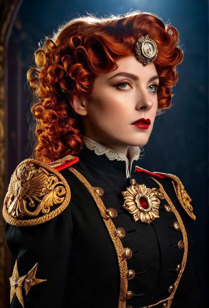 Redhead female with a curly high victorian age wig ornate military-style uniform, inceedia coorda, secere woman, rogue trader,gold and red accents, starched white collar, elaborate embroidery, epaulets, large brooch, gloved hands, intricate shoulder decorations, dark background, ambient lighting, detailed indoor setting, gothic atmosphere, rich, textured materials, stern, commanding pose with hand on hip, side glance, historical fantasy setting, dramatic lighting, shadows highlighting textures, dark warm color tones, high-angle shot, close-up framing, no visible motion blur, defined depth of field, digitally enhanced artwork,analog style, film grain, close up, 35mm,ultra high res, best shadow, RAW, instagram LUT