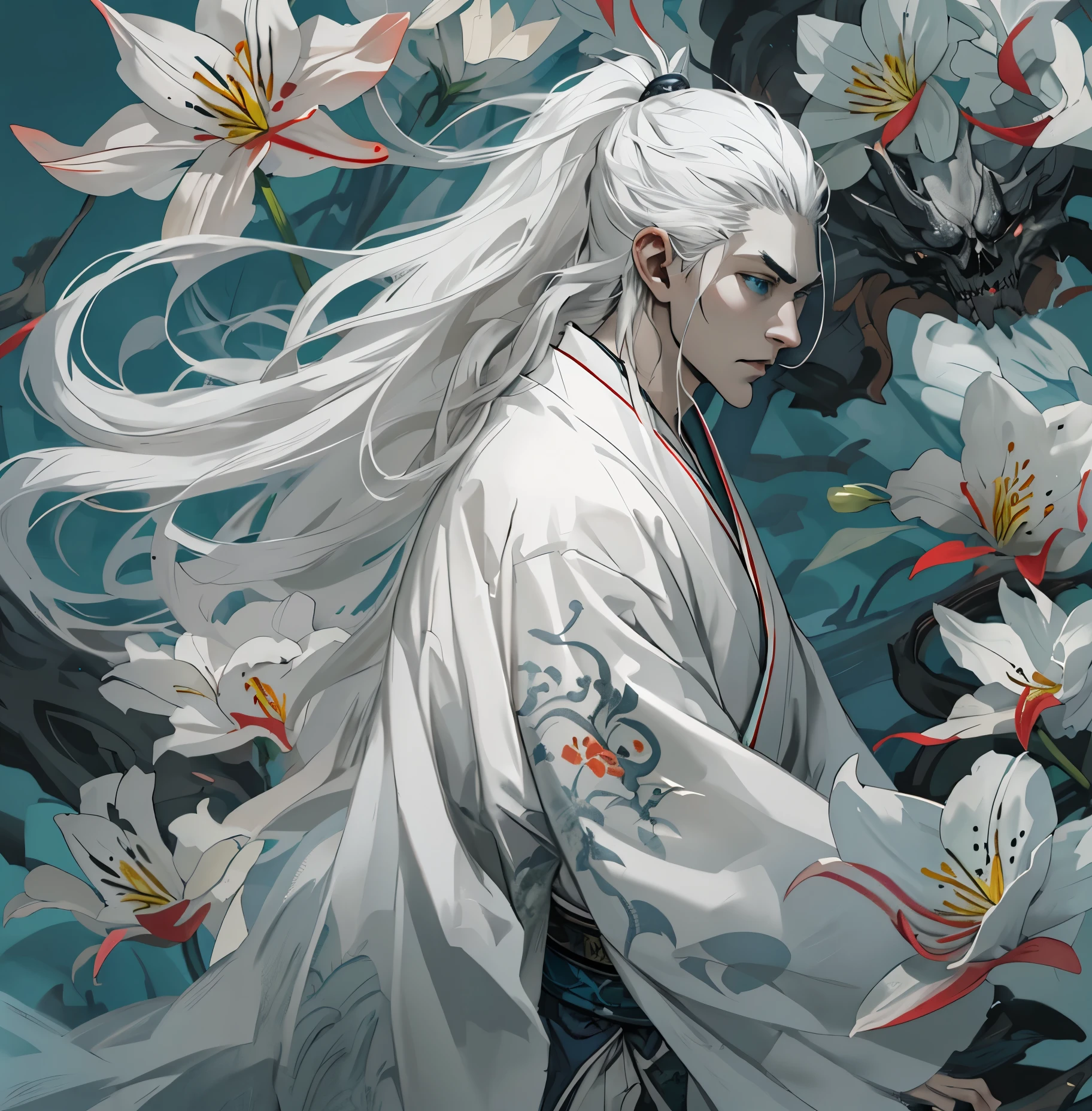 (man, long white hair, white kimono with lilies, white skin, blue eyes, death, battle fan, skinny, pronounced cheekbones, japanese mythology, surreal, dramatic lighting, moody atmosphere, intricate details, hyperrealistic, 8k, high quality, masterpiece, anime style, cinematic), Длинные волосы, Высокое разрешение, Голубые глаза, Простой фон, Очень длинные волосы, бледная кожа, серьги, простой фон, детальные глаза, Слёзы, полный рост 