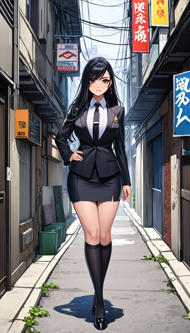 Highest quality、One woman, age 26、policewoman、Black Hair、Long Hair、Hanging eyes、Dark Eyes、Bangs between the eyes、Big Breasts、Black clothing、suit、Micro Mini Skirt、｛Black over-the-knee socks｝、Chest、clavicle、strong、Be vigilant、stand、Low eyebrows、Alley