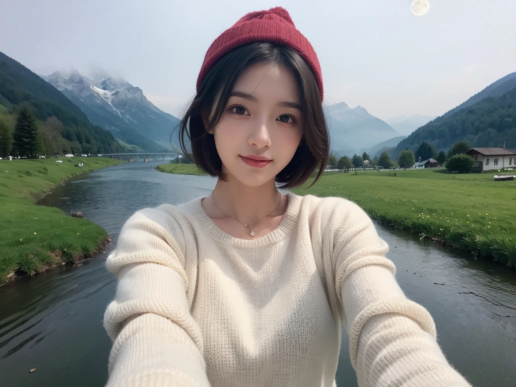 picture, 아름다운 40세 동양 여성의 picture, Short hair, selfie, alone, Wearing a pullover, outdoors, Jungfrau Mountain, Switzerland, Nature in real life, star, moon, cheerful, happy, Gloves, sweater, Beanie, forest, rock, river, wood, performance, Fog, looking at viewer, skin texture, picture 그레인, enlargement, RAW picture, 1 woman