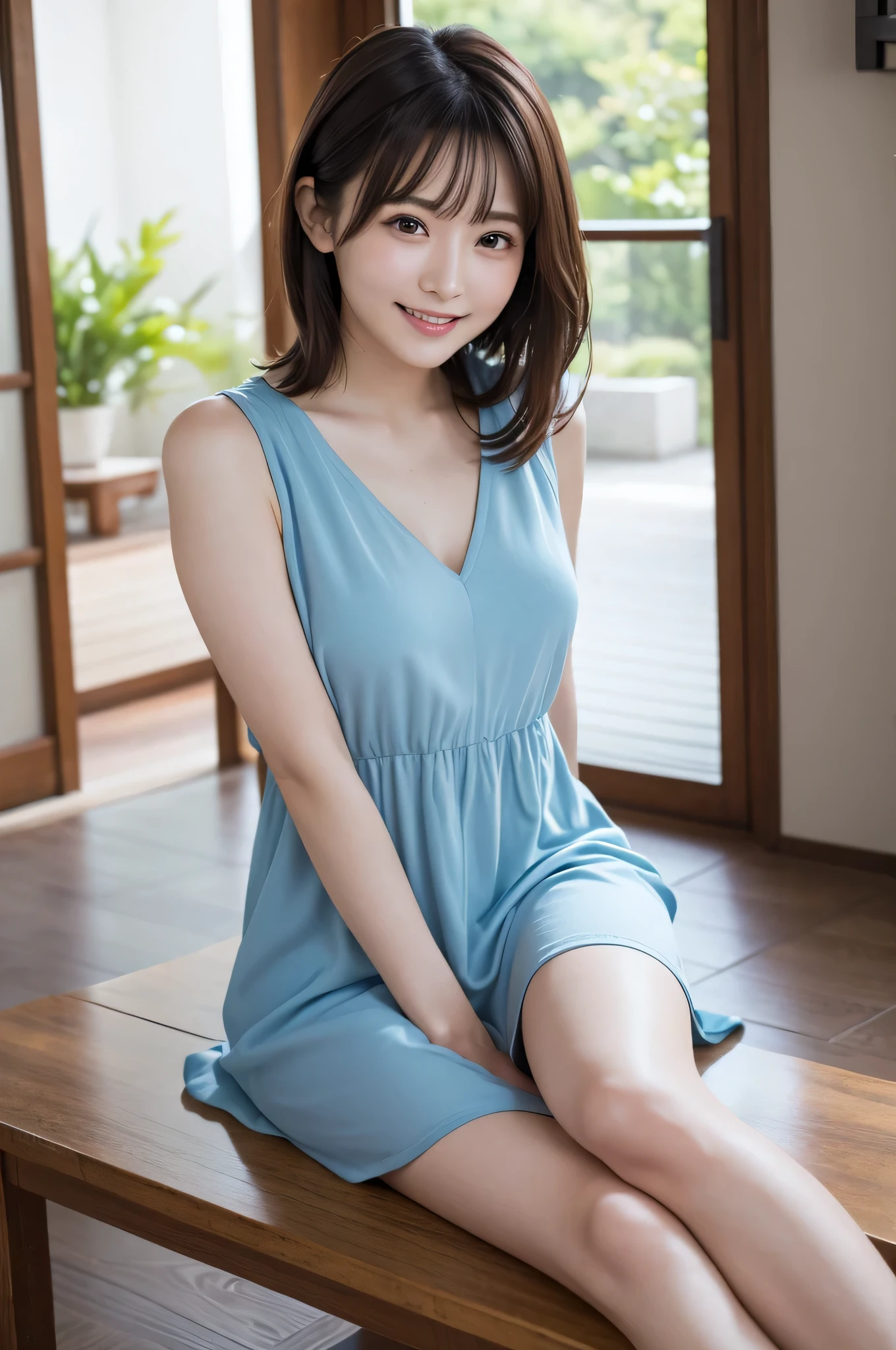 (((highest quality)), ((masterpiece)), (detailed), Best-quality, Masterpiece, Ultra-High-Resolution, (Photorealistic:1.4), Raw-Photo, depth of field, professional lighting, perfect anatomy, extremely details, 1girl, the most famous Japanese idol, wearing summer-clothes with cute-design, at living room, both hands on hip, (extremely cute face like the most popular Japanese idol, ((extremely cute and extremely big eyes)), extremely beautiful hair), looking at viewer, innocent smile