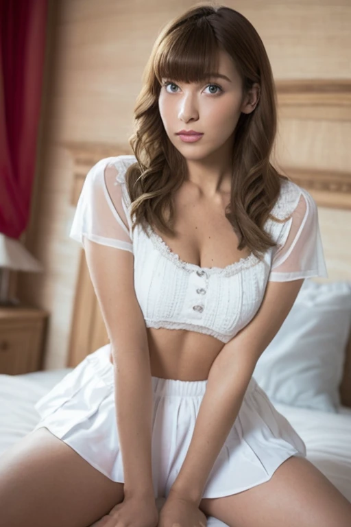 One girl, Beautiful woman,Miniskirt Police,White panties, skinny, Perfect body,  Flaxen Hair, Bedroom with white walls,  Highly detailed face, Beautiful Eyes, Beautiful Lips, double eyelid, A shy smile, Shorn bangs, Sunburned skin, Pubic Hair Tips, (Highest quality, 8k, masterpiece:1.3), front and full body shot, Cameltoe, Positive, Spread your legs wide