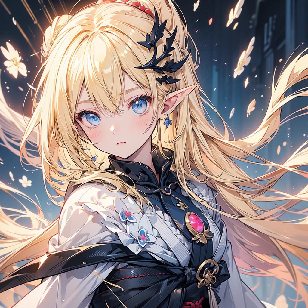 masterpiece, best quality, 1girl, ultra detailed, ultra highres, well-definded facial features, anatomically correct, cute girl, long pointy ears, elf, nice face, blonde hair, blue eyes, samurai, slashing, blade, fullbody, battlefield,