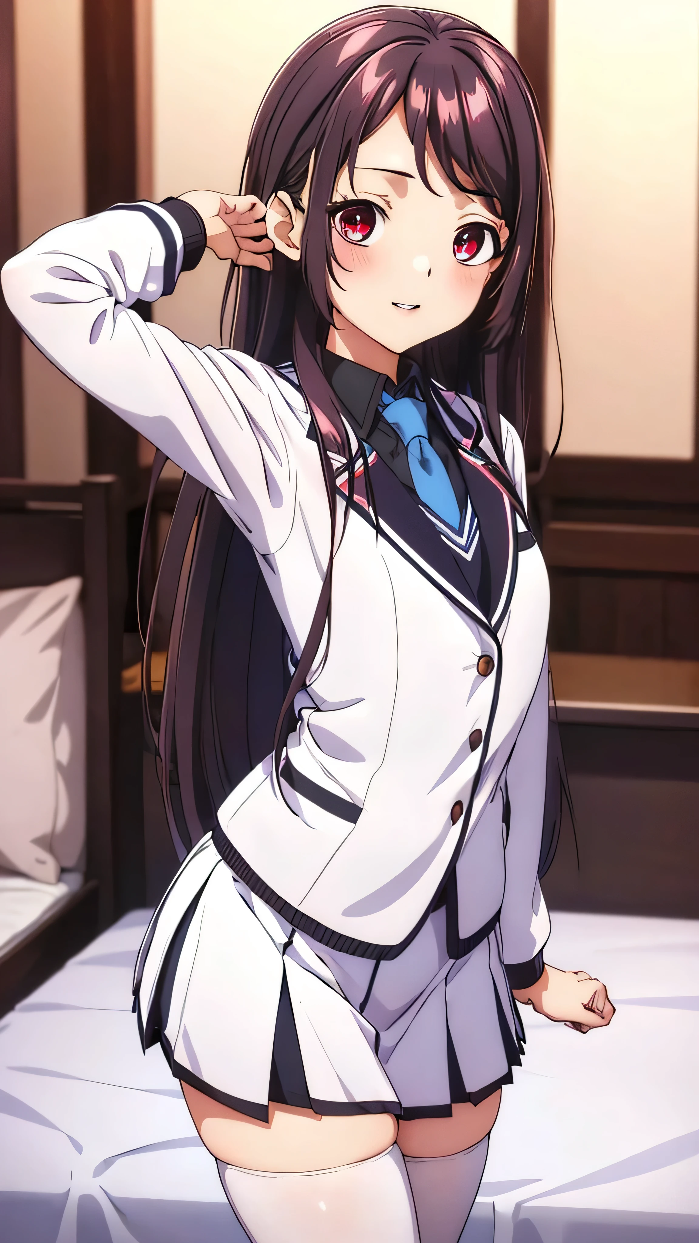 Show your armpits,Kaori Hojo, girl, (masterpiece: 1.1), (highest quality: 1.1), red eyes, long hair, cute smile, blush, parted lips,((school uniform), jacket, sleeve, tie, white skirt),  pantyhose, bed room, ((lyng on bed:1.2, cute posing:1.1)), (upper body), gravure,