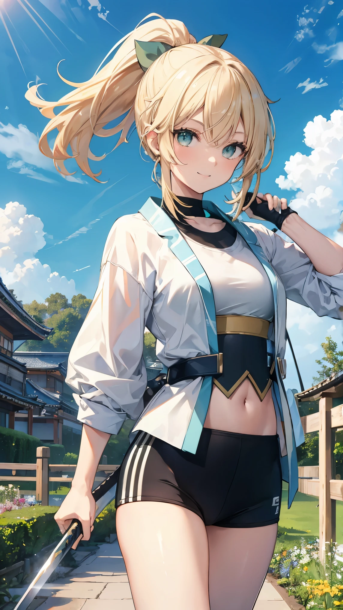 ,Highest quality,Blonde,Green Eyes,ponytail,Sportswear,garden,blue sky,smile,Japanese sword,sword,slender,