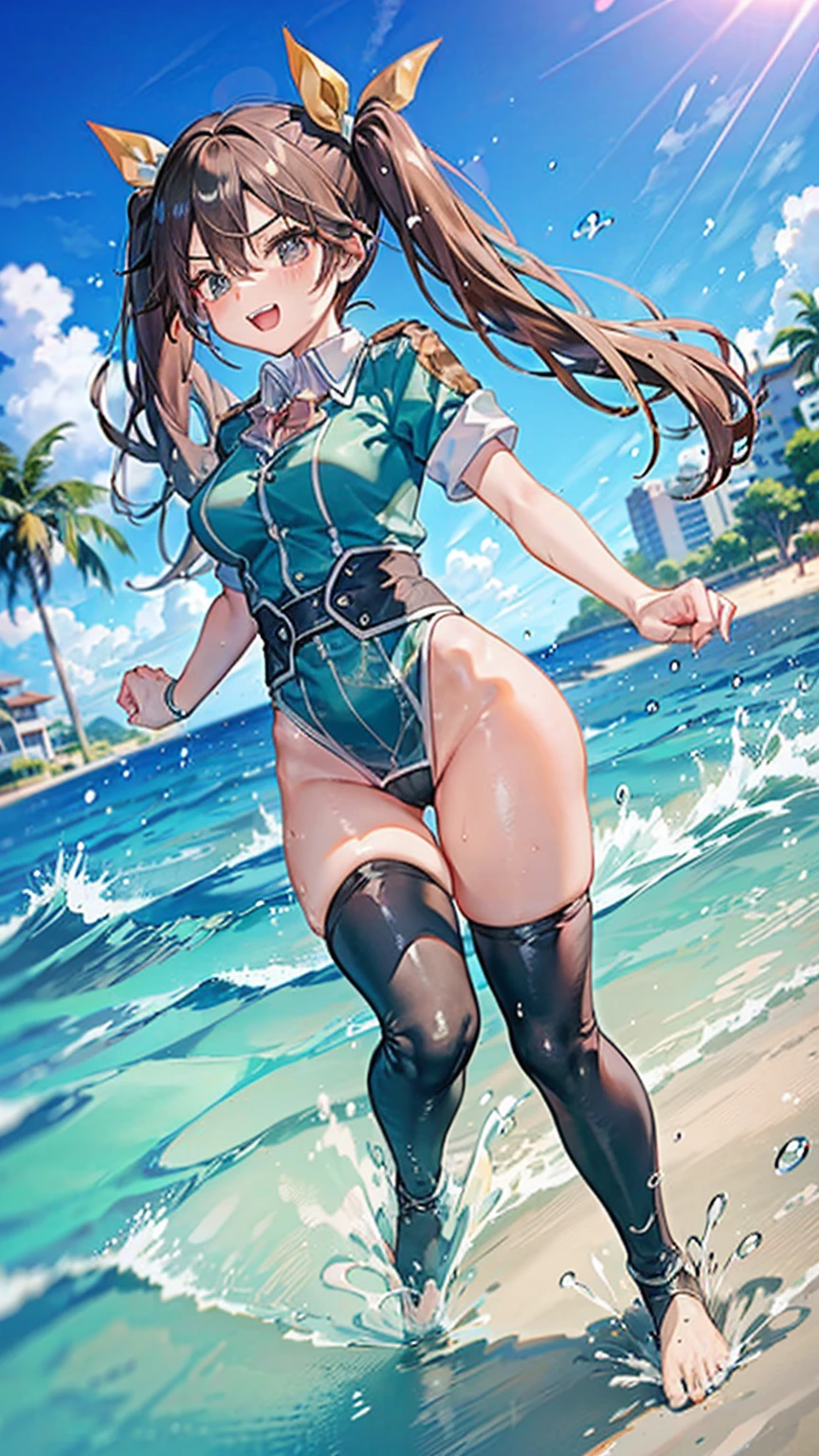 kamehame_wave,kamehameha_kamehame_ha,tone,/(kantai_collection/),(((Having fun splashing around in the water at the beach))),in uniform,twintail_hair,closed_one_eye