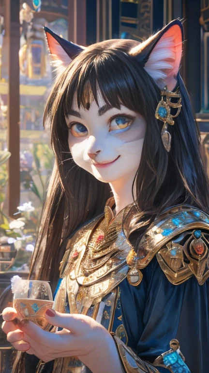 Cat Beastman、（サードアイのgirl）、Highest quality、masterpiece、Ultra-high resolution、(Realistic:1.4)、Crisp and beautiful image quality、alone、girl、Forehead jewel、Machinery Armor、cat ears girl、Third Eye、Fearless Smile、I had a cup、