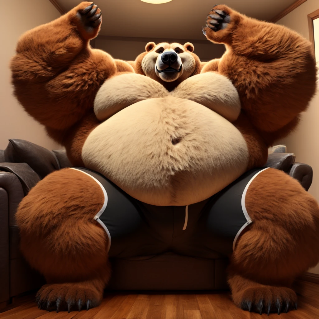 Fat Huge 500 Pounds Daddy Furry Butter Beast Grizzly Bear Big Belly, and Large Chunky body and wearing Black Shorts, sitting on the Sofa, His Belly is Bigger, Huge, Fat, Chunky, Furry, Big, and Huge, have his arms up and wanting a Hug