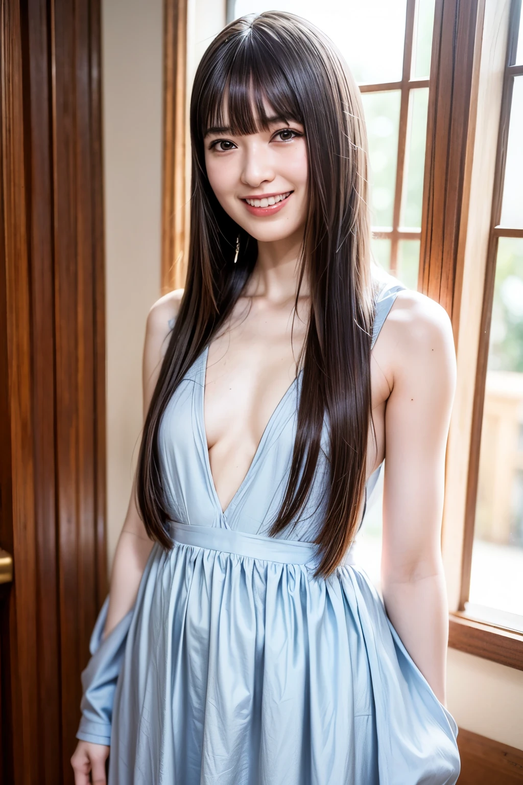 (realistic, photo-realistic:1.4), (best quality, masterpiece), high resolution, intricate details, extremely detailed, sharp focus, portrait, frontal photography, solo, a Japanese female idol, (cami dress), model pose, (tiny breasts, flat chest, poor size bust:1.4), dark hair, (straight hair, blunt bangs:1.3), (detailed face, detailed eyes, sophisticated nose, realistic nostrils), pale skin, big smile, photo background, indoors,