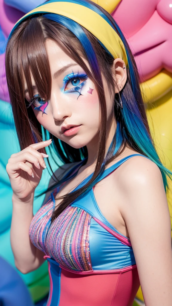 more prism, vibrant color, nakano miku, blue eyes, hair between eyes, brown hair, clown_makeup, clown, makeup