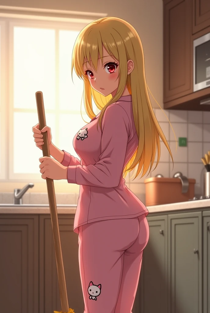 ((younger girl, with very long yellow hair, very small breasts, in the kitchen making breakfast, wearing an apron, facing away, focusing on her ass, completely nude)))