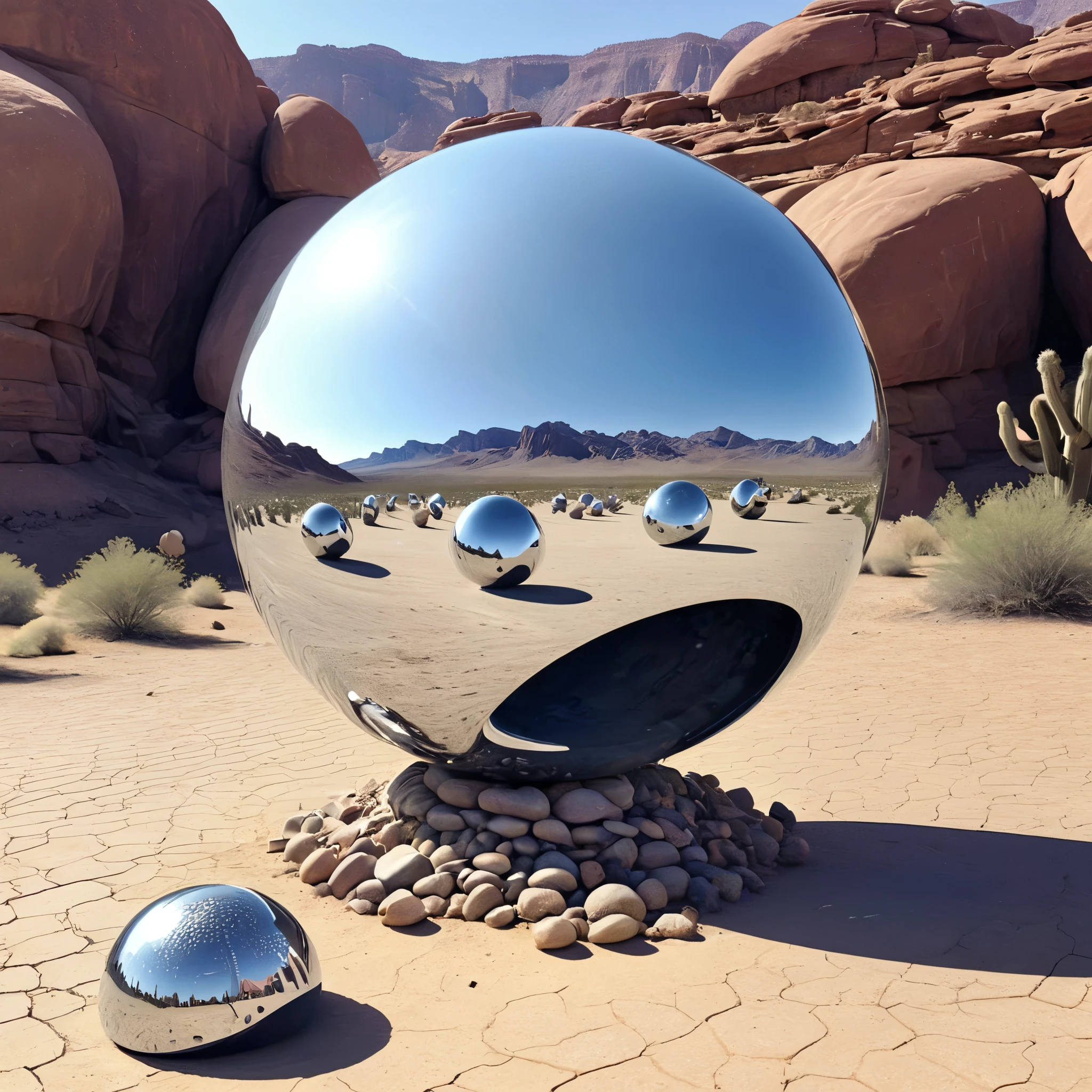 Shiny, mirror-polished object art suddenly appearing in the desert, abstract, futuristic, dynamic, (add fantastic futuristic ornaments:1.5)