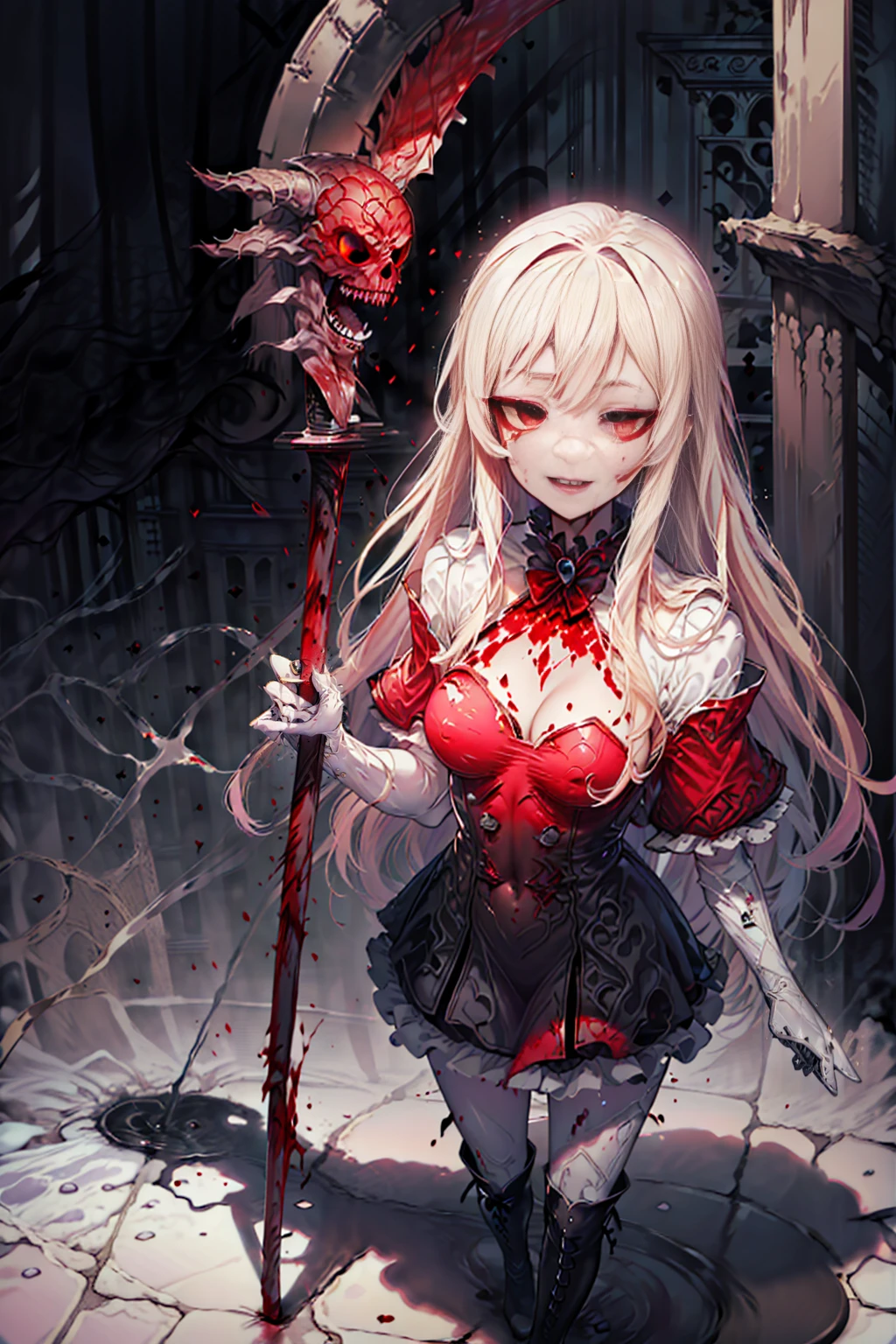 shaded face　、beautiful girl、とてもcute天使、Pink T-shirt、cute、Baby Face、smile、Long skirt、Black long boots、.(Highest quality,4K,High resolution,Masterpiece 1.2),Very detailed,Realistic 1.37,Spooky altar background,Dark fantasy,Red color scheme,Ominous atmosphere,Eye-catching,Storytelling,anatomy,Anime Style,Concept Art,beautiful細部までこだわった顔と (((Red eyes ))),A terrifying ritual ,Satanic Ritual,Premature death,inappropriate behavior,クレイジーなsmile,Scythe Face,Girl Monster, beautiful, Delicate facial features, Sharp Eye, Sharp Fangs, pale skin, Dark Background, Cinema Lighting, Dramatic Shadows, Gothic style, Gloomy atmosphere, Dark fantasy, one person&#39;s, Please open your mouth wide, Open your mouth and baring your teeth,Sharp teeth like a beast, Wide lips, very wide mouth, Vermilion cheeks, ,(Blood splatter1.3),Scary smile, smile,Angel Design, Twisted smile、Bloody、bleeding from the head,,,,,、Blood splatter、,(Blood splatter1.3),skull,Horror Style, ((Fantasy Sweet Ta Frill Pink Costume)), ((Flowing blonde hair)), ,(Blood splatter1.3),Female curves, Sexy flat stomach, Perfect hands, Perfect anime face, (Pink Tata Dress)), Are standing, ((邪悪なsmile)), ,(Blood splatter1.3), Steam circulates, Moonlight Illumination, night lighting, (Blood splatter1.3),アニメAngel Design, Twisted smile、Bloody、bleeding from the head,,,,,、Blood splatter、,(Blood splatter1.3), skull,Gothic architecture、Western architecture、Fantasy World、,Victorian cities, Skeleton Gas Light,Absurd, High resolution、 ((Tabletop)), ((Highest quality)), (Very detailedな), ((Very detailed)), (beautiful), ((cute)), (nfsw1.8), alone,(1.6)、(world&#39;The most terrifying and creepy demon girl 1.5)beautiful face、Whole Body Ezbian、pale, beautiful肌、beautiful金の髪、優しくsmileむ、Dark building ruins、(snow white&#39;Frill dress 1.3)、(The dark ruins are stained with blood 1.3)、Low angle full body shot、(少女は血の海の中にAre standing1.2)、(The ground is .3)、(The girl lost a lot of blood....1.3)、(クレイジーなsmile1.6)、Spirits、(Blood dripping from the mouth 1.3)、
