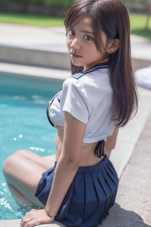 Full body, (masterpiece, top quality: 1.1), skinny, viewer watch, (ultra detail 8k CG: 1.2), (hyperrealistic: 1.35), (photorealistic: 1.45), (real: 1.4), (poolside), 1 beautiful Japan girl, 20 years old, supermodel, Japan idol, perfect body, (smile with mouth slightly open), thin thighs, thin legs, ( Small butt)), clothes with protruding shoulders, flat chest, (sweaty skin: 1.2), (skirt with buttocks half out), turn around and look at the viewer, nsfw, legs open, low angle