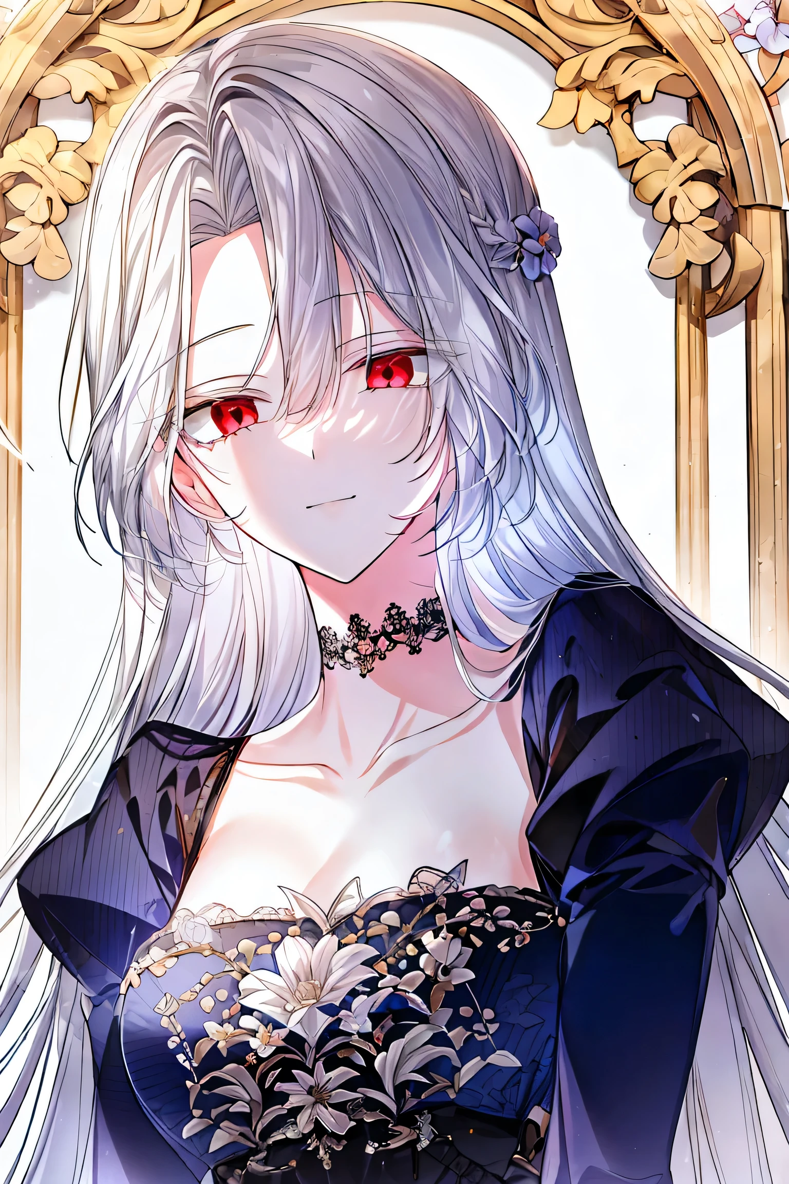 shoujo-style, jk style, (floral background), romance manhwa, (1 girl), (aligned), dominant smile white hair, solo, very long hair, flower, dress, white dress, gloves, long sleeves, choker, red eyes, mascara, makeup, black flower, wavy hair, looking at viewer, white background, collarbone, puffy sleeves, silver accessories, upper body, parted bangs, blue dress, frills, bangs, closed mouth, detailed eyes, (close up)