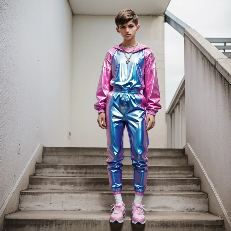 full view full body, one white european skinny kid with hyper styled short undercut light-brown haircut, wearing pink and blue latex jumpsuit that says “I like boys”, Balenciaga triple s pink chunky sneakers, white latex socks, dozens of gay styled rings, necklaces, bracelets, sprawled on stairs front very preppy style College exit