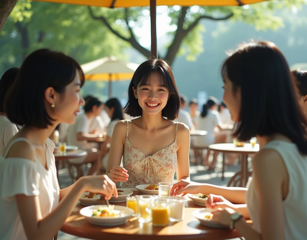 super high quality, Slenderのネックレス, Slender, Gravure photoshoot, The staff is working at the counter in the back., (8K、RAW Photos、Highest quality、masterpiece:1.2), Japanese Idol, Sportswear, Stylish café, The cafe is crowded with people enjoying themselves., (Realistic、Photorealistic:1.37), Mesh Hair, Urban Cafe, Golden Ratio, Raw photo, Cute face , Light Brown Hair, Small breasts, Bright cafe interior, Summer clothes, Cafe Terrace, Open Cafe, A kind smile, Hair blowing in the wind, Neat clothes, boyish, Very Short Hair, 18-year-old, younger sister, Stylish sportswear,