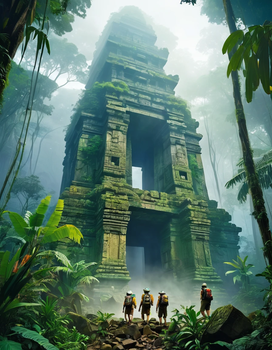 best quality, masterpiece, Ruins of a lost civilization in the jungle、ancient architecture、(The collapsed mysterious colossus)、in a thick fog、A group of several fully equipped explorers、I&#39;m walking down a pathless road