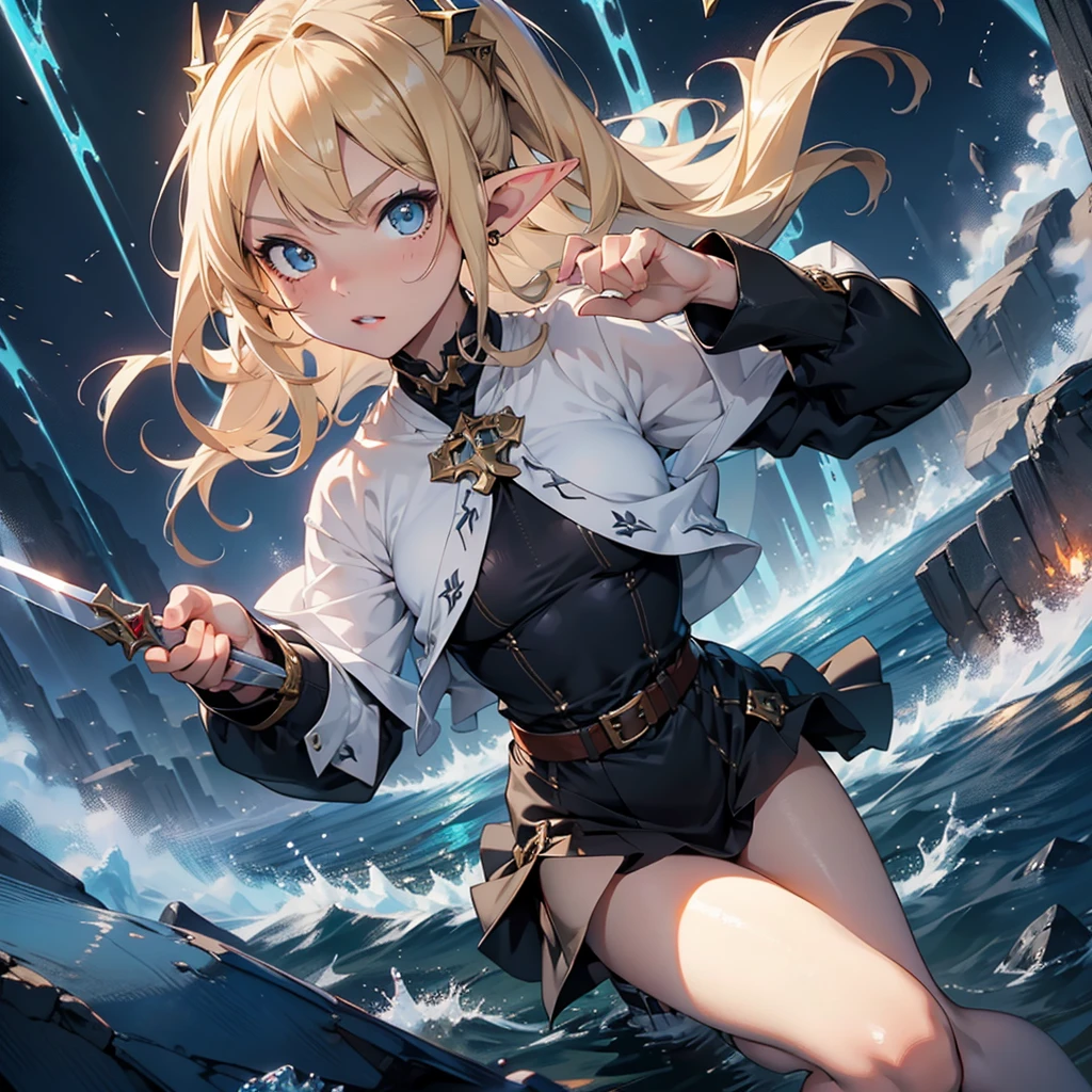 masterpiece, best quality, 1girl, ultra detailed, ultra highres, well-definded facial features, anatomically correct, cute girl, long pointy ears, elf, nice face, blonde hair, blue eyes, slashing, blade, fullbody, battlefield,