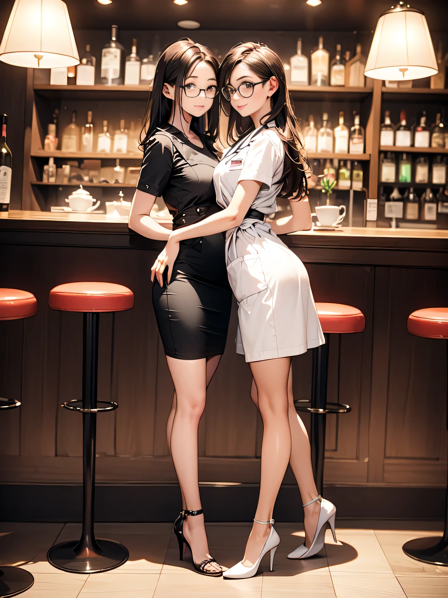 (masterpiece:1.3),(best quality, highest quality),((Full Body Shot,Including face)),(1girl:1.2),4K,masterpiece,((Focus on the face)),((Symmetrical facial features)),Beautiful woman,slender,Beautiful feet,((nurse服、Blue Shirt,skirt,Black High Heels,Black Garters,Tockings)),Detailed depiction of the face(Café Bar:1.5),Panty shot,(nurse:1.2),(White long coat,Name tag、Ballpoint pen)、During meals