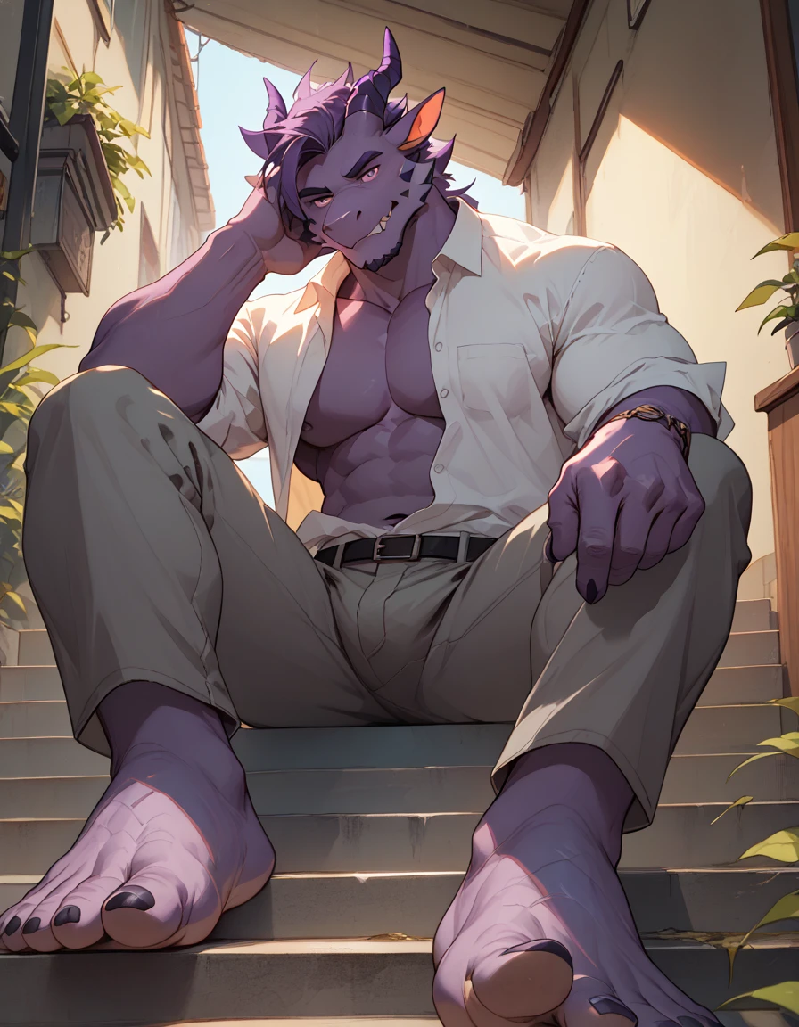 big, furry, muscular male, purple dragon, mature man, sitting on stairs, barefoot, dirty feet, grey pants, open shirt, no shoes, crossed legs, sole visible, foot focus, low angle view