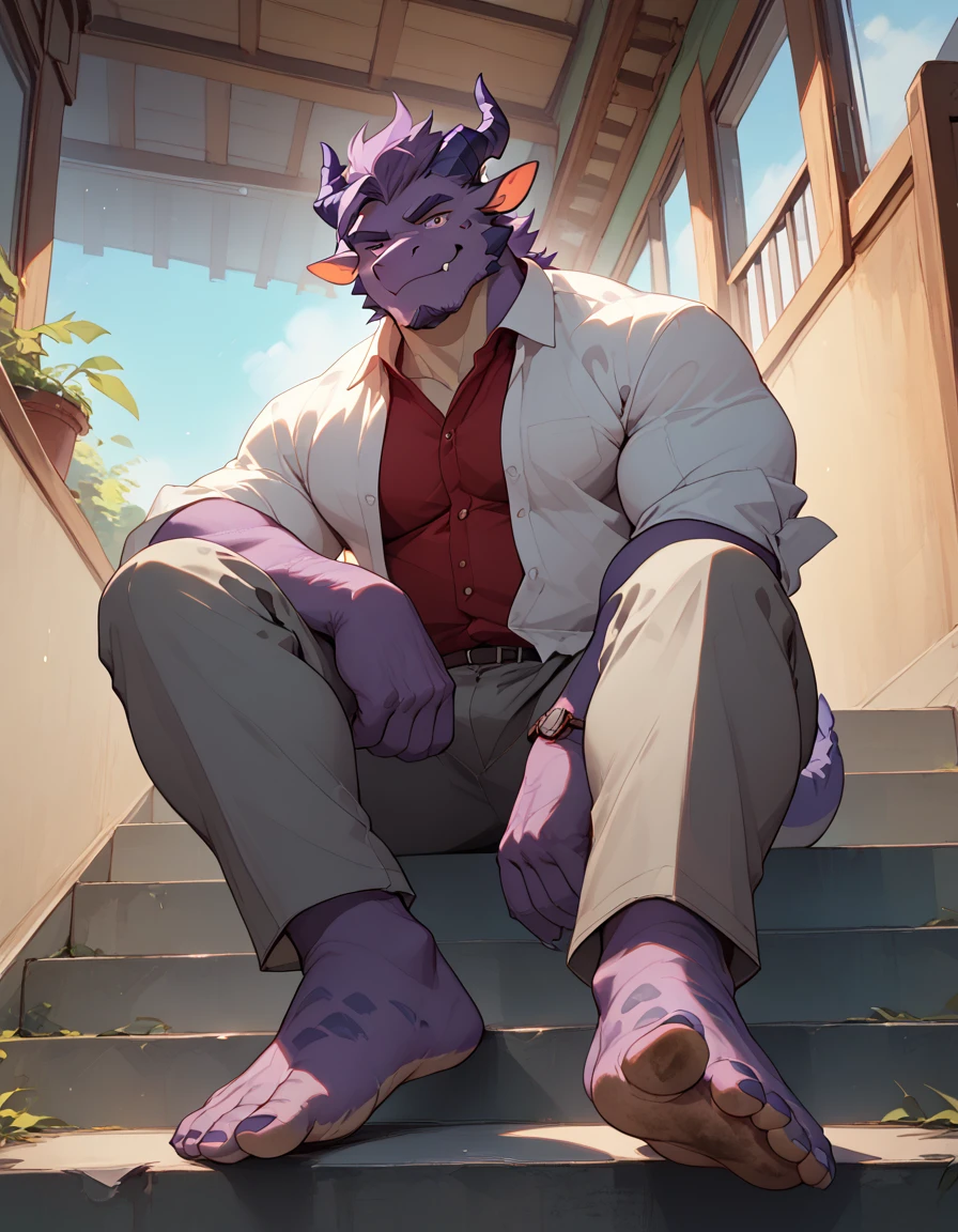 big, furry, muscular male, purple dragon, mature man, sitting on stairs, barefoot, dirty feet, grey pants, open shirt, no shoes, crossed legs, sole visible, foot focus, low angle view