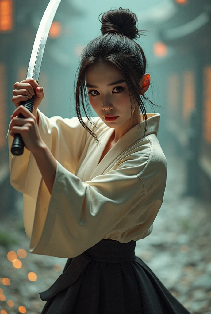 One girl, High resolution, high quality, Textured skin, Ultra high definition, Very detailed, 最high quality, 3D Rendering, realism, Surrealism, Heavy makeup、High nose、Beauty、Clear eyes and nose、Japanese、30 years old、Full body description、Woman waving a sword