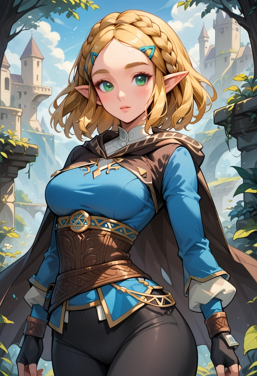 (extremely fine and beautiful:1.1), (perfect details:1.1), (finely detailed eyes and detailed face:1.3), ZeldaSDXL, Princess Zelda, narrow hips, medium breasts, slender thighs, small ears, pointy ears, braid, hair ornament, hairclip, gloves, black gloves, fingerless gloves, blue shirt, shirt, long sleeves, crown braid, bangs, green eyes, parted bangs, pants, black pants, blonde hair, short hair, long hair, cape, sidelocks, hood, thick eyebrows, jewelry, hooded cape, belt, tight pants, tight, puffy sleeves, (lonely lost path)