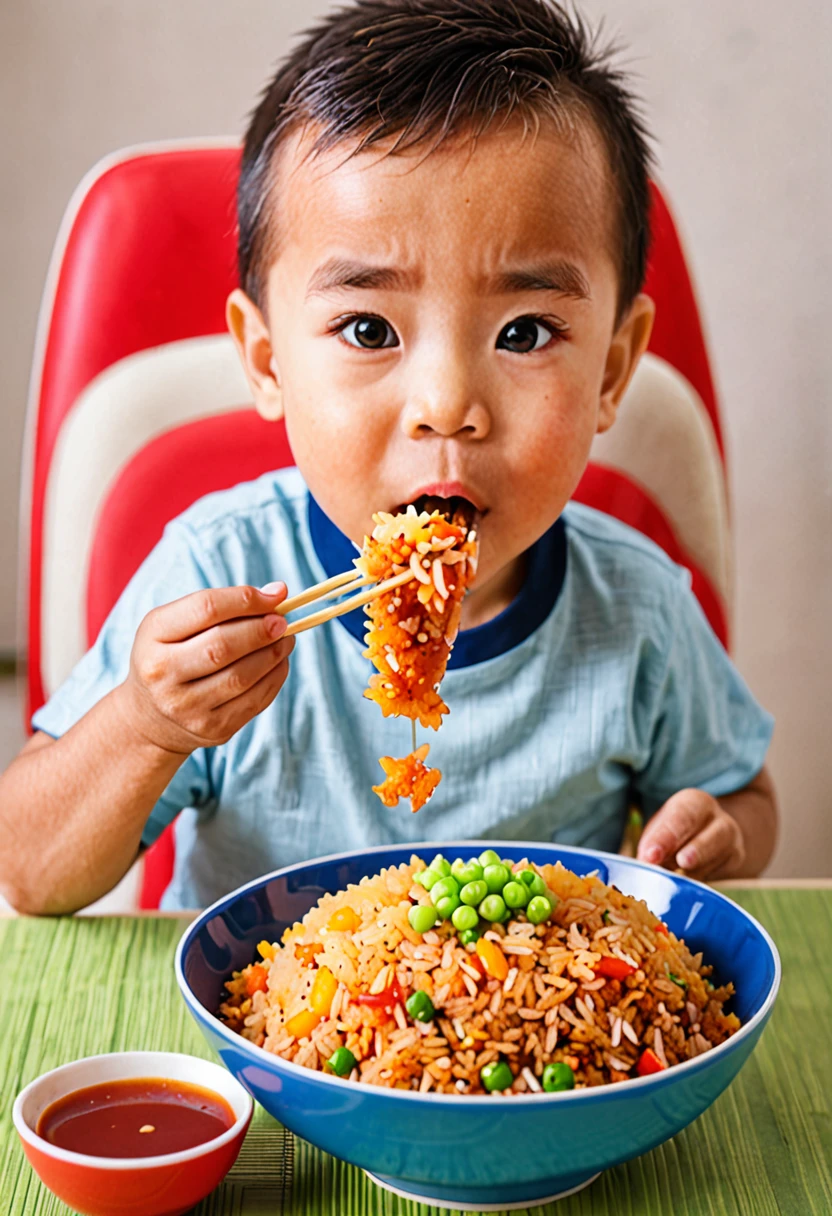 Light ketchup-colored fried rice、Boy eating fried rice、