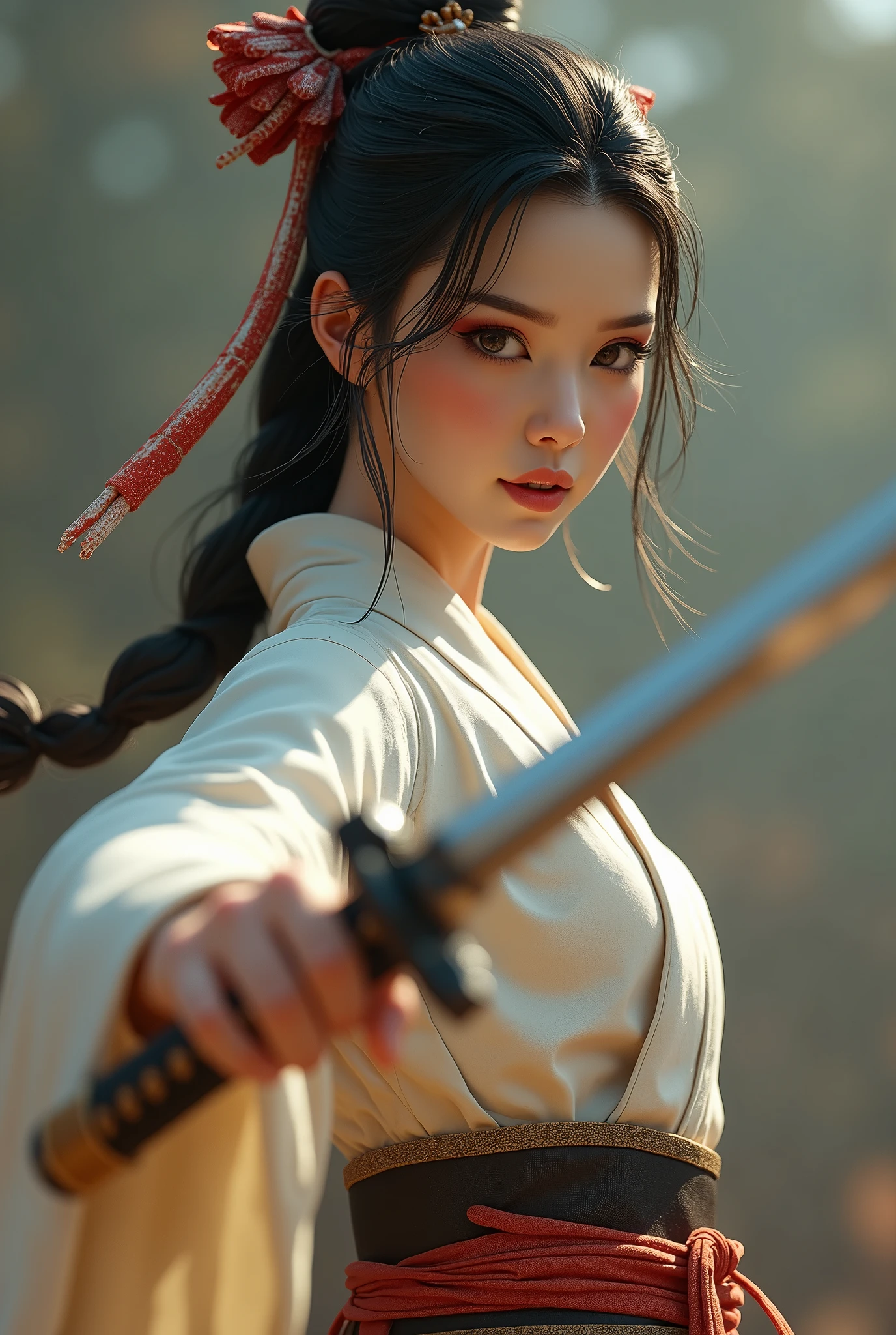 One girl, High resolution, high quality, Textured skin, Ultra high definition, Very detailed, 最high quality, 3D Rendering, realism, Surrealism, Heavy makeup、High nose、Beauty、Clear eyes and nose、Japanese、30 years old、Full body description、Woman waving a sword