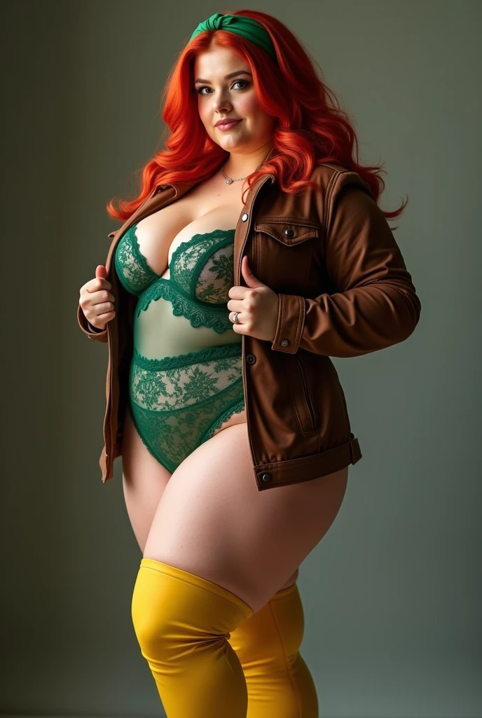 A sultry farm girl poses confidently, gazing directly into the camera lens. She sports fiery red locks, freckled skin, and piercing green peepers. A braided crown adorns her ginger hair, framing her striking features. Luscious lingerie hugs her curvaceous hourglass figure, accentuating thick thighs and a notable thigh gap. Her athletic physique is on full display as she strikes a seductive pose, five fingers splayed across her knees. A perfect, cute face radiates an inviting charm, making the viewer feel like they're being pulled into her gaze.

