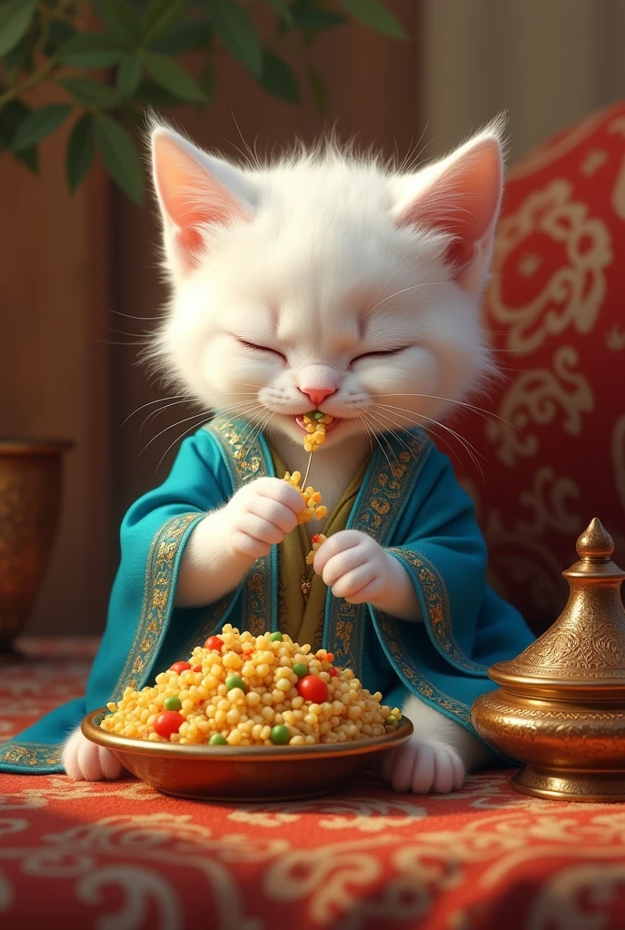 Ek beautiful cat jisne lehnga  pehna h or jewelry b pehni or wo kha rhi h seen dyining table samne h or cat kha rhi h 