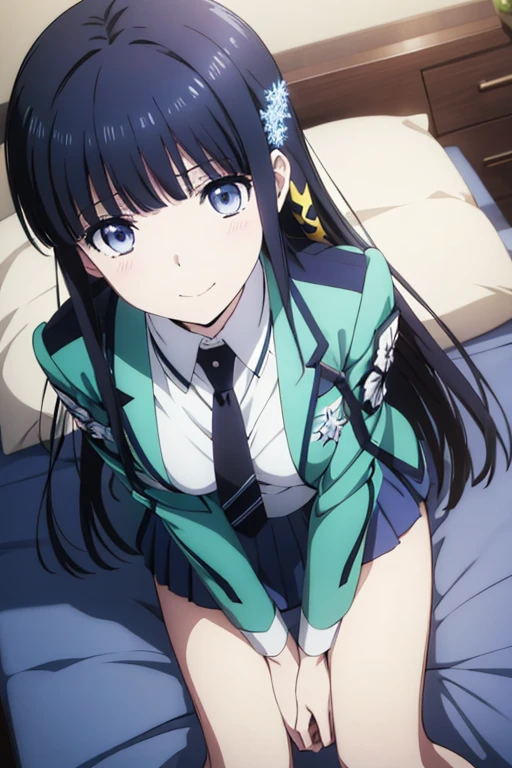 Miyuki Shiba, The Irregular at Magic High School,  Snowflake hair ornament, At the bed, Lying down, school uniform, skirt, Spread your legs, smile, Open your mouth