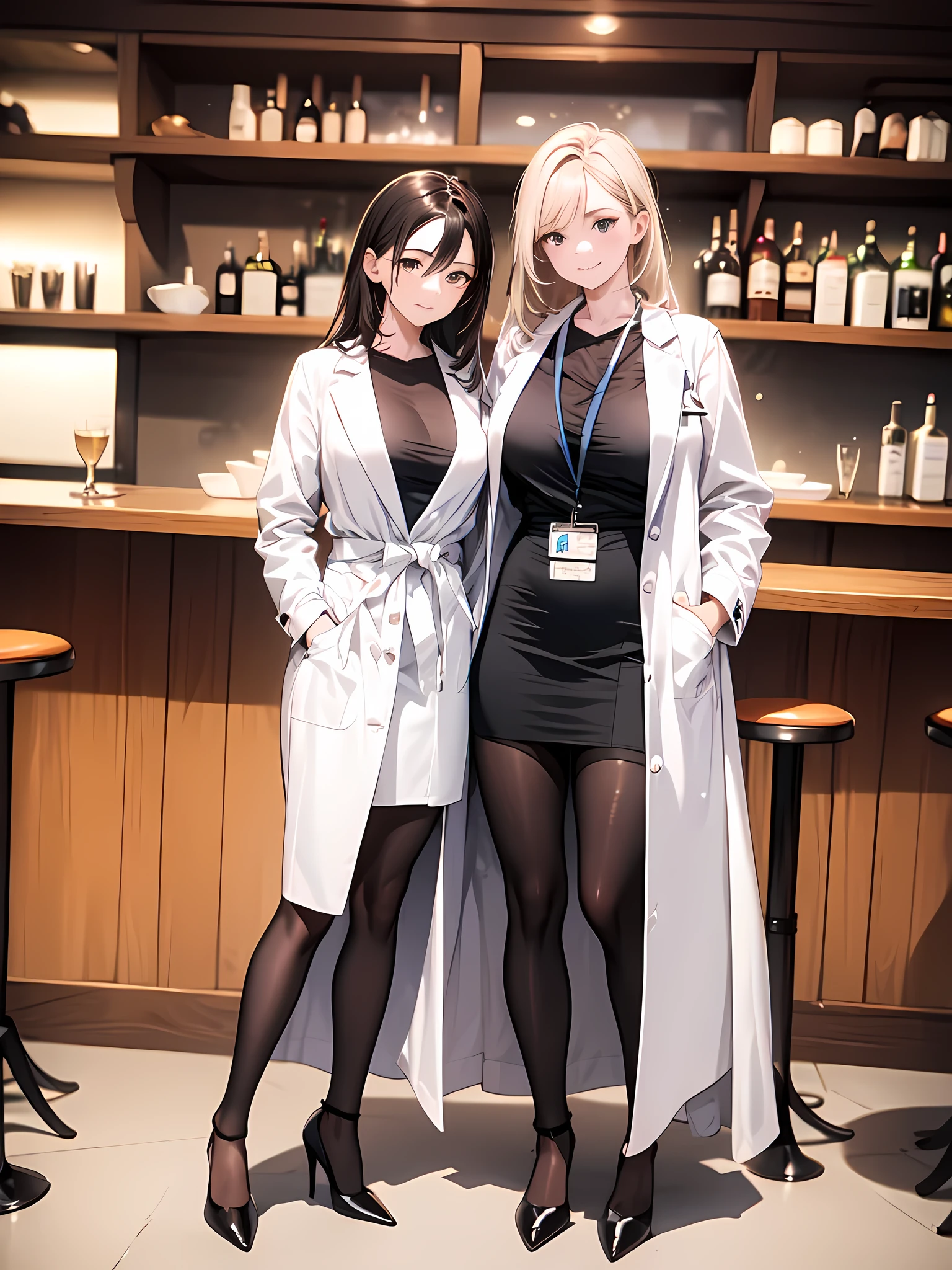 (masterpiece:1.3),(best quality, highest quality),((Full Body Shot,Including face)),(1girl:1.2),4K,masterpiece,((Focus on the face)),((Symmetrical facial features)),Beautiful woman,slender,Beautiful feet,((White、Black shirt,skirt,High heels,Black Garters,Tockings)),Detailed depiction of the face(Café Bar:1.5),Panty shot,(Female doctor:1.2),(White long coat,Name tag in breast pocket、Ballpoint pen)