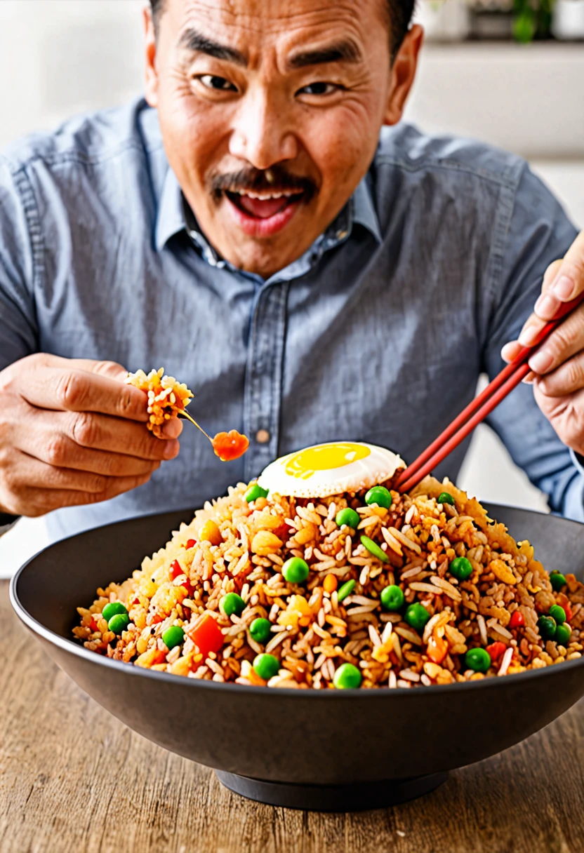 Light ketchup-colored fried rice、Man eating fried rice、