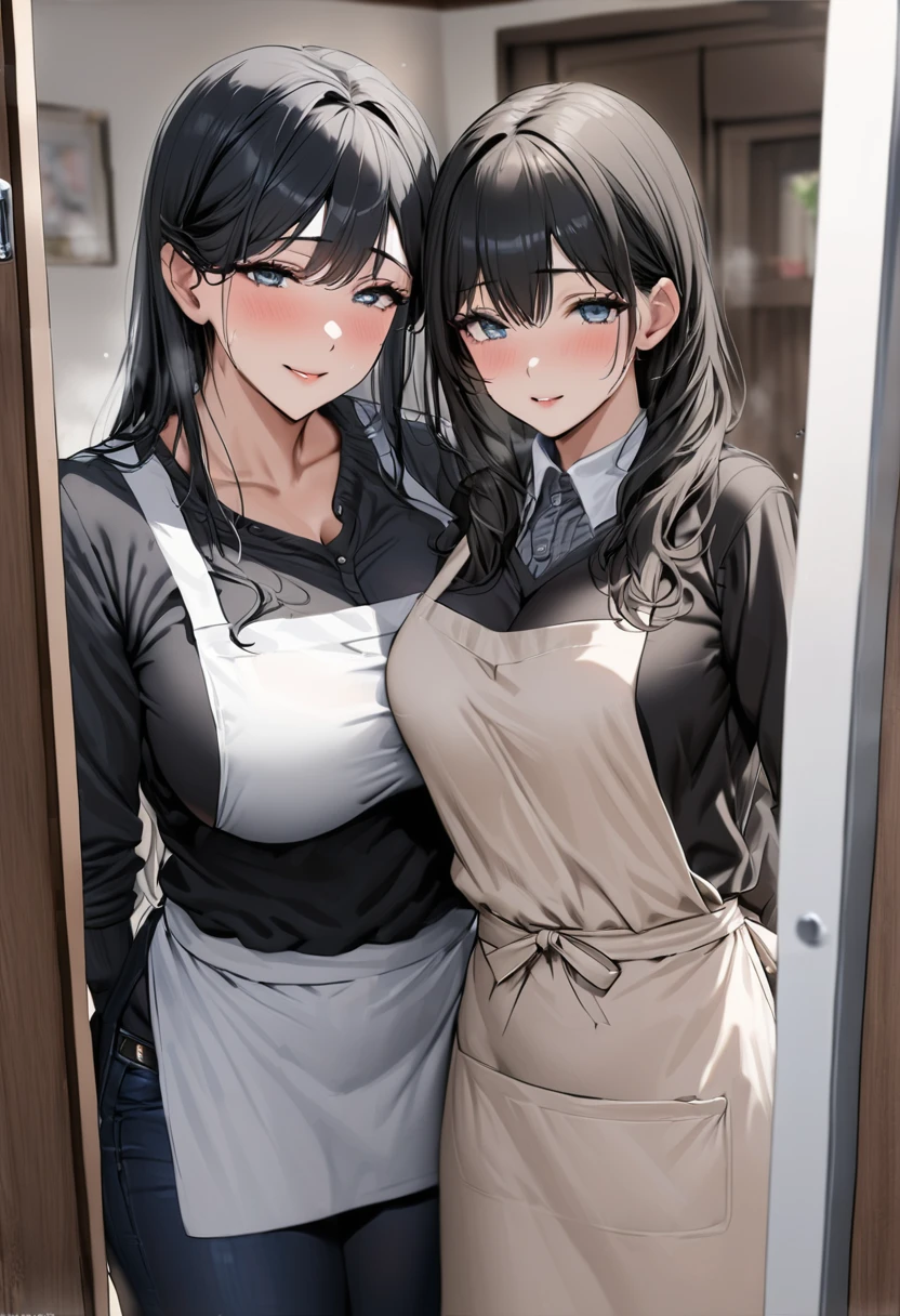 Beauty mother-in-law Black Hair A little height difference Mother and daughter have beautiful breasts hair band Both mother and daughter are holding back tears. apron kitchen mini skirt Black Pantyhose