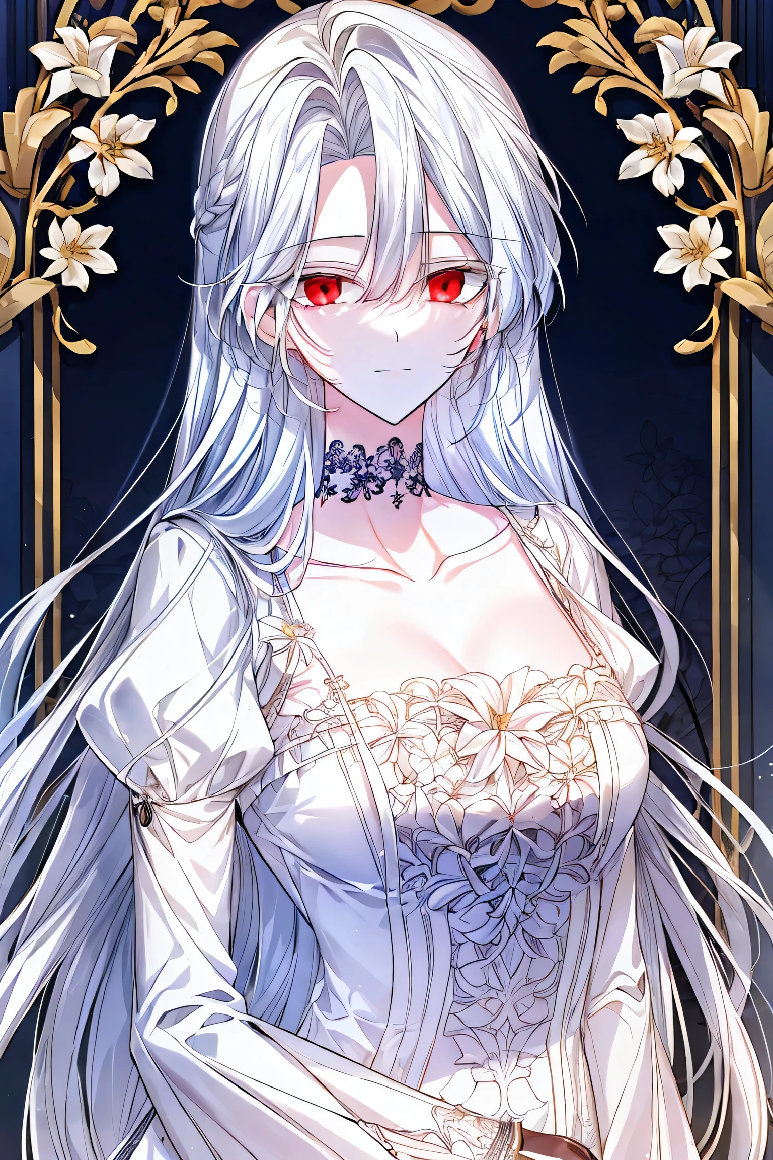 shoujo-style, jk style, (floral background), romance manhwa, (1 girl), (aligned), dominant smile, full body dress, white hair, solo, very long hair, flower, dress, white dress, gloves, long sleeves, choker, red eyes, mascara, makeup, black flower, wavy hair, looking at viewer, white background, collarbone, puffy sleeves, silver accessories, upper body, parted bangs, blue dress, frills, bangs, closed mouth, detailed eyes, (close up)