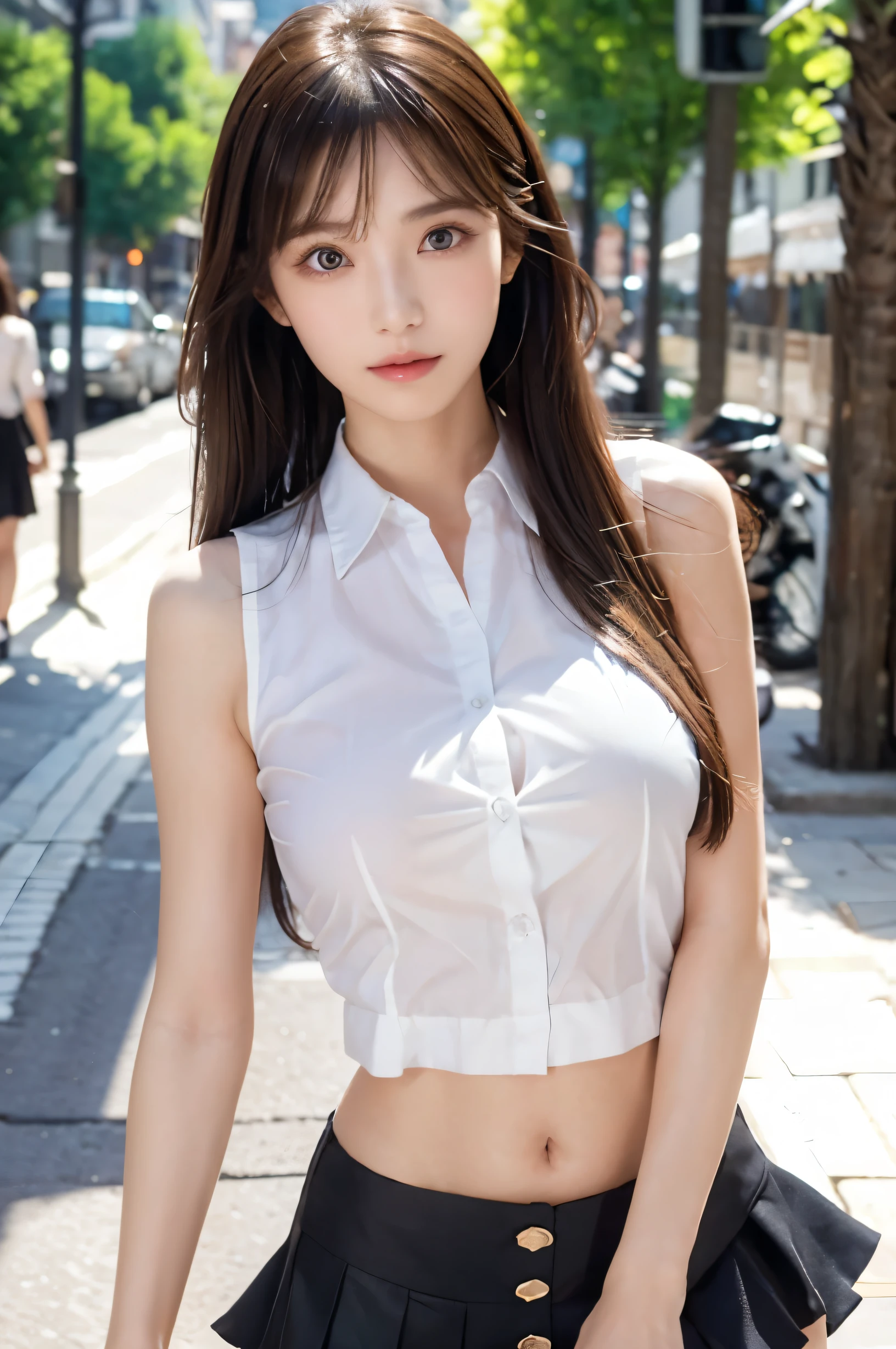 (Ultra HD), (Looking at me), (The whole body is shown), (Sleeveless shirt with buttons, Black tight mini skirt), Big Breasts, Super beautiful breasts, slender, (Thin legs:1.2), (Thin thighs:1.2), (Thin Hips:1.4), (Beautiful Skin, Shiny skin, White skin), (Super slim face, Super beautiful face, No makeup, Smile:0.6), (long hair, Layered Cut, Fluffy hair), (Big eyes:1.4, High corners of the eyes:1.4, double eyelid), (Thin eyebrows:0.1), (Small Nose:0.6), (Thin lips:0.6), Are standing, office Street, Street