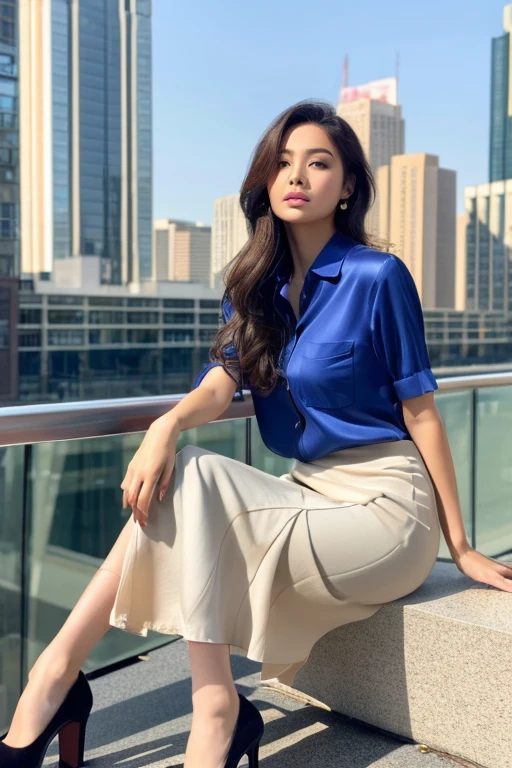 (Colorful collared shirts)、(Midi Skirt:1.2) 、Full Body Portrait、(silk pantyhose)、Sitting、Both legs and high heels look beautiful.、1 girl、Perfect body,Two well-balanced legs、 Perfect hands, (Perfect Face, Perfect Eyes), Accurate,(Perfect Anatomy, Anatomically correct), Perfectly clear and sharp focus、Large Breasts、Modern architecture in the background、((Highest quality、Ultra-high resolution、masterpiece)) 
