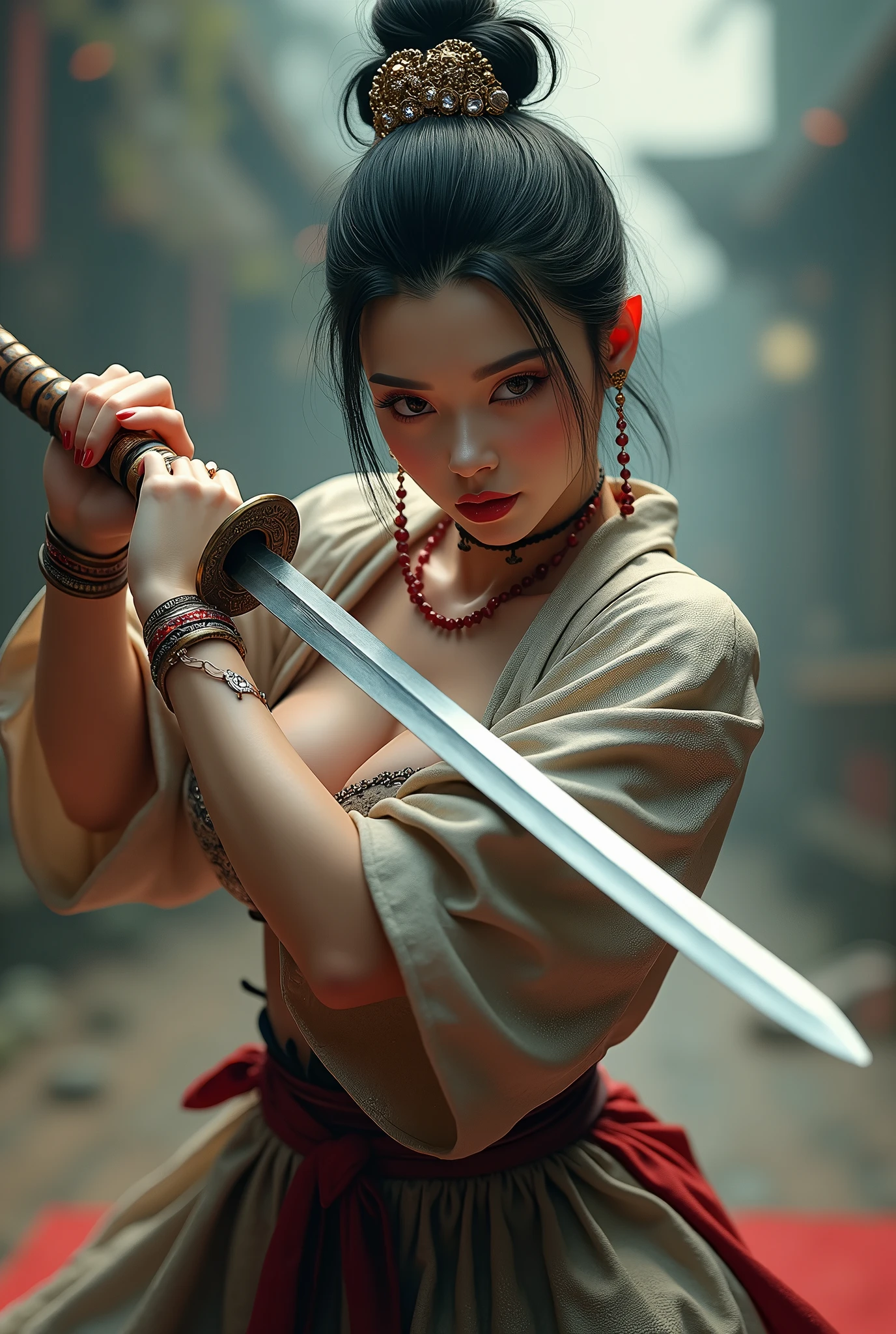 One girl, High resolution, high quality, Textured skin, Ultra high definition, Very detailed, 最high quality, 3D Rendering, realism, Surrealism, Heavy makeup、High nose、Beauty、Clear eyes and nose、Japanese、30 years old、Large Breasts、Full body description、Full body、Down to the toes、Woman wielding a sword